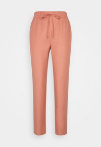 Světle korálové kalhoty s elastickým pasem a šnůrkou. Pravoúhlý střih, hladká textura, bez vzorů, vhodné pro volnočasové nošení.