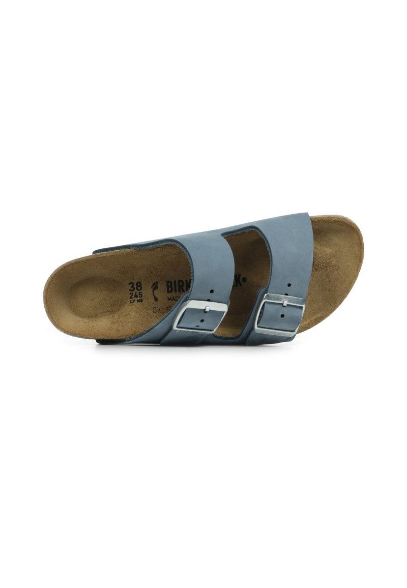 Blue leather slip-on sandal with two adjustable silver buckles, cork footbed, and a textured inner surface for comfort. Size 38.