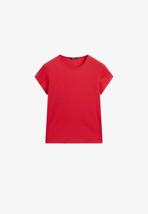 Červené tričko s krátkým rukávem a kulatým výstřihem, s rovným lemem, zobrazené na bílém pozadí.