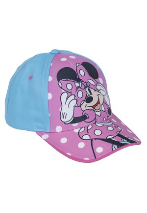 Casquette rose et bleue avec un design imprimé d'un personnage aux oreilles noires et à pois, structurée avec un bord arrondi et un dos ajustable.