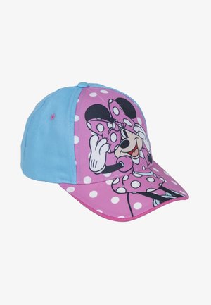 Cappello rosa e azzurro con un design stampato di un personaggio con orecchie nere e pois, strutturato con un bordo arrotondato e retro regolabile.