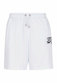 Hvite mesh-shorts med elastisk midjebånd, snor-knapplukking og svart logo-detaljering på venstre side. Innfelte sømmer rundt kanten.