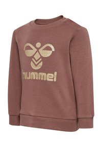 Brązowy bawełniany sweatshirt z długimi rękawami, złotym brokatowym logo i akcentami, ściągaczami na mankietach oraz okrągłym dekoltem z detalem guzika na ramieniu.