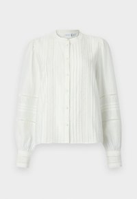 Witte blouse met knopen, voorzien van een geplooid ontwerp en verticale strepen. Lange mouwen met kantdetails bij de manchetten en schouders. Gemaakt van lichte stof.