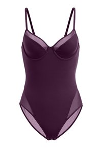 Costume da bagno intero bordeaux con pannelli laterali trasparenti, coppe con ferretto, spalline regolabili e una superficie liscia. Presenta una chiusura a scatto sul fondo.