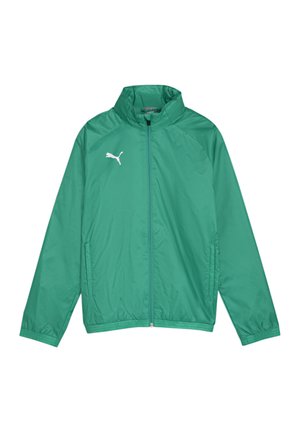 Groene windbreaker jas gemaakt van lichtgewicht materiaal, met een hoge kraag, ritsluiting en zijzakken. Witte merk logo op de borst.