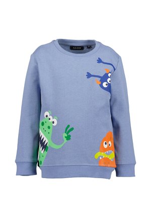 Lyseblå børne-sweatshirt med farverige tegneserie-monstre: grøn blinkende fredstegn, blå med tre øjne og orange med skarpe tænder.