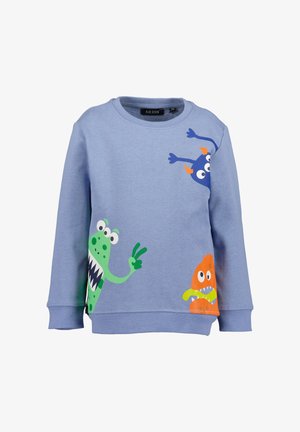 Hellblauer Kinder-Sweatshirt mit bunten Cartoon-Monstern: grünes blinkendes Peace-Zeichen, blau mit drei Augen und orange mit scharfen Zähnen.