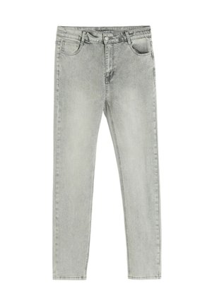 Jasnoszare dżinsy o slim fit, z pięcioma kieszeniami i klasycznym przeszyciem, zapinane na guzik i o gładkiej fakturze.