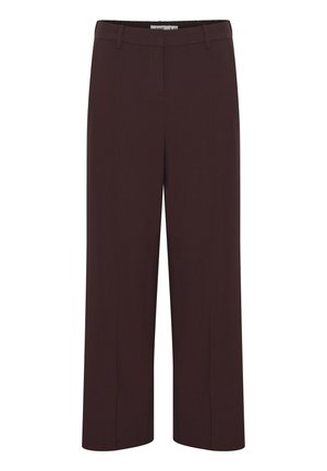 Burgundy vida byxor med vida ben gjorda av ett slätt tyg med ett platt framstycke, två sidofickor och en ren finish vid fållen.