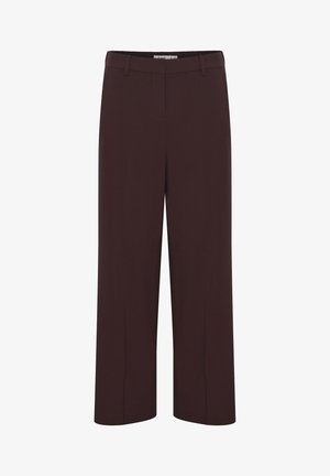 Pantalon large bordeaux en tissu lisse avec une taille plate, deux poches latérales et une finition soignée à l'ourlet.