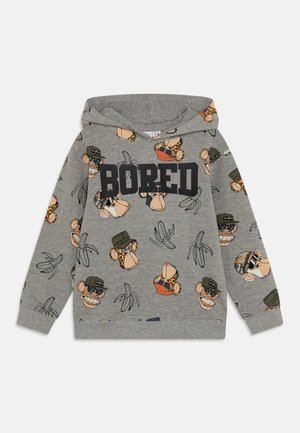 Grauer Hoodie mit wiederholten cartoonartigen Affengesichtern, die Hüte und Sonnenbrillen tragen, Bananenillustrationen und dem Schriftzug "BORED" in fetten schwarzen Buchstaben.