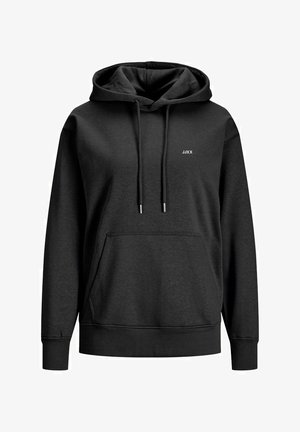 Hoodie preto feito de tecido macio, com um bolso frontal, capuz ajustável e um pequeno logo branco no peito.