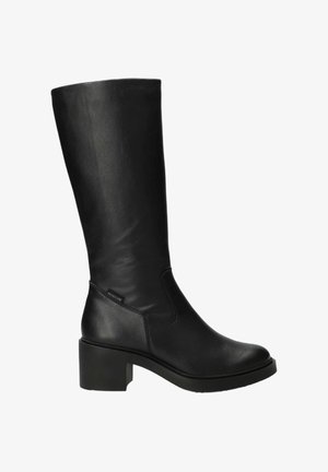 Botte en cuir noire mi-mollet avec talon carré et bout arrondi, dotée d'une petite étiquette latérale avec le nom de la marque.