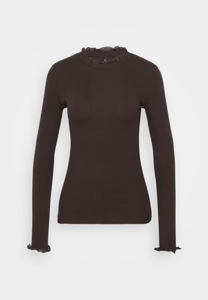 Langärmliges, dunkelbraunes Oberteil aus dehnbarem Material. Mit einem gerafften Halsausschnitt und Rüschendetails an den Ärmelbündchen.