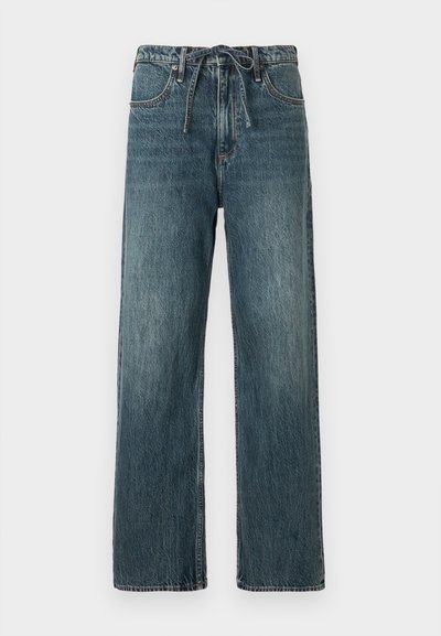 Calças de ganga azul, design de corte recto com cintura alta, apresentando fecho com cordão e detalhes de costura visíveis.