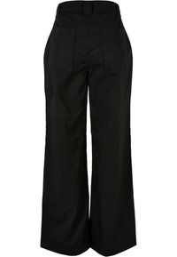 Pantalons larges noirs avec une texture lisse, dotés d'une taille haute, de deux poches arrière et de détails de couture discrets.