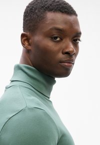 Helle grüne Rollkragenpullover aus weichem Material, mit einer taillierten Passform, geripptem Kragen und langen Ärmeln, seitlich dargestellt.