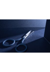 Roestvrijstalen scharen met lichtblauwe plastic handvatten en ronde vingeropeningen, liggend op een donker gestructureerd oppervlak, zacht verlicht.