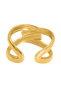 Gouden metalen manchette armband met een gedraaide, open ontwerp, featuring gladde, reflecterende oppervlakken en minimale details.