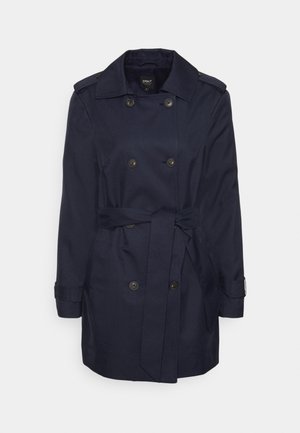 Marineblauer, doppeltreihiger Trenchcoat mit Knopfdetails, Gürtel in der Taille, Schulterklappen und langen Ärmeln.