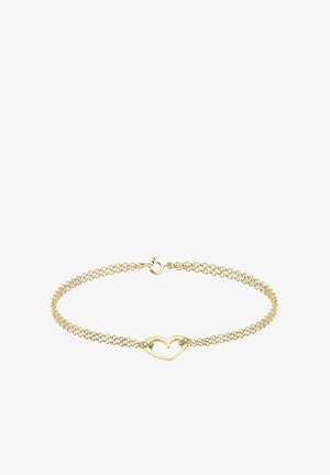 Goldene Armkette mit einem herzförmigen Detail in der Mitte, einem zarten geflochtenen Muster und einem sicheren Verschluss.