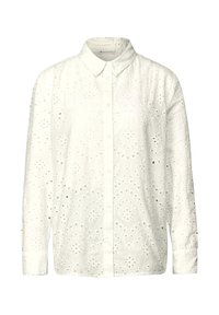 Valkoinen nappikauluspaita, jossa on silkkikuviointia paisley-kuvioilla, pitkät hihat ja klassinen kaulus. Pehmeä teksturoitu kangas.