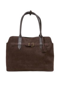 Braune Wildleder-Tote mit dunklen Ledergriffen, Gürtelakzent und goldfarbener Schnalle auf der Vorderseite. Rechteckige Form mit minimalen Details.