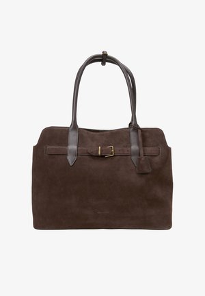 Brown suede tote bag with dark leather handles, belt accent, and gold-tone buckle on the front. Rectangular shape with minimal detailing.