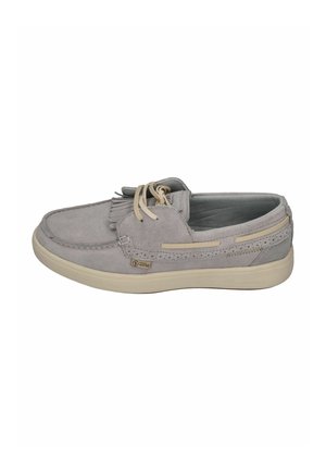Grauer Wildleder-Casual-Bootsschuh mit beiger Sohle, Schnürung vorne und Fransen-Detail oben, gestaltet für Komfort und Stil.