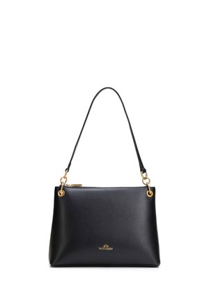 Czarna skórzana torebka na ramię z metalowymi elementami w kolorze złota, zamkiem błyskawicznym oraz logo "WITTCHEN" na przodzie.