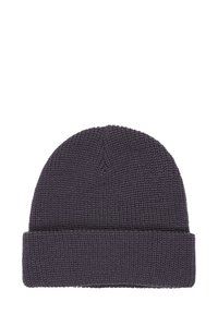 Cappello lavorato a maglia di un grigio scuro con una superficie testurizzata e una fascia pieghevole. Il design è semplice e funzionale, adatto per un look casual.