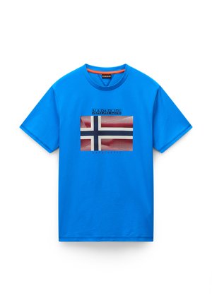 Blue cotton t-shirt featuring a central Norwegian flag graphic, black and red accents, and "NAPAPIJRI" text above and below the design.