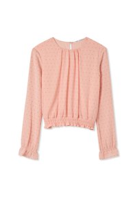 Maglietta rosa a maniche lunghe con scollatura arricciata e orlo smock. Presenta piccoli pois dorati e polsini elasticizzati per aggiungere un tocco di dettaglio.