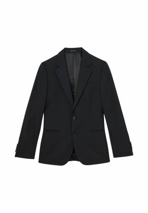 Sacou negru pentru bărbați, croit, cu rever cu decupaj în V, doi nasturi în față, buzunare laterale și manșete cu nasturi, prezentat pe fundal alb.