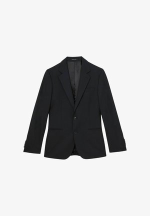 Čierne pánske sako na mieru s výrezovými klopami, dvoma prednými gombíkmi, bočnými vreckami a manžetami na gombíky, zobrazené na bielom pozadí.