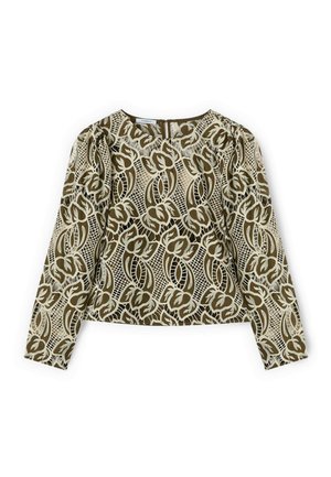 Blusa beige a manica lunga con sovrapposizione di pizzo floreale e reticolare verde oliva, scollo rotondo e chiusura con cerniera sul retro.