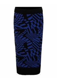 Pletená tužková sukně s modro-černým geometrickým vzorem, s přiléhavým střihem a černým pasem.