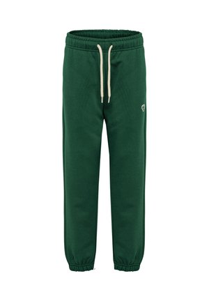 Donkergroene trainingsbroek van zachte stof, met een elastische tailleband met beige trekkoorden en elastische boorden bij de enkels.