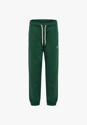 Donkergroene trainingsbroek van zachte stof, met een elastische tailleband met beige trekkoorden en elastische boorden bij de enkels.