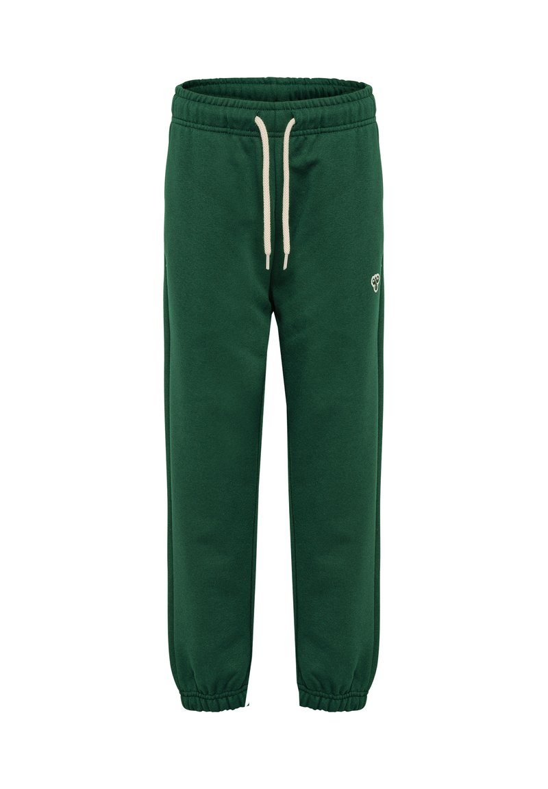 Mörkgröna sweatpants av mjukt material, med en elastisk midja och beige snören samt elastiska manschetter vid anklarna.