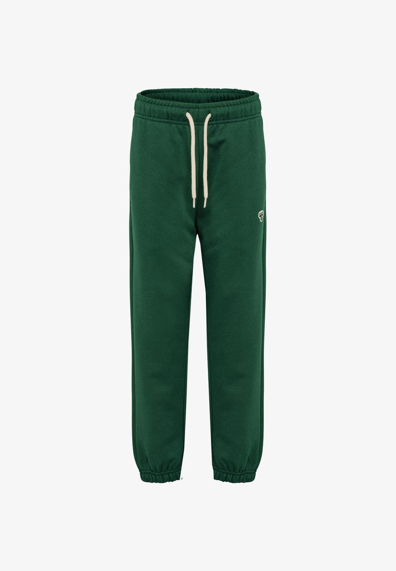Dunkelgrüne Sweatpants aus weichem Material, mit einem elastischen Bund und beigen Kordeln sowie elastischen Bündchen am Knöchel.