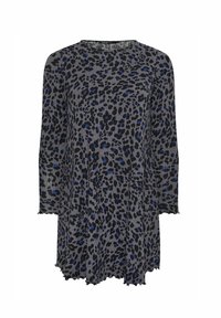 Graues Kleid mit lockerer Passform, das ein schwarzes und blaues Leopardenmuster aufweist. Lange Ärmel und ein gewellter Saum verleihen Textur.