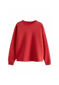 Rød sweatshirt med lange ærmer, rund hals og ribbede manchetter. Har subtilt prægede logo på forsiden. Blødt stof og afslappet pasform.