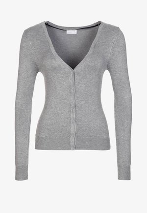 Cardigan grigio realizzato in tessuto a maglia, con scollo a V, maniche lunghe e chiusura con bottoni. Le maniche e l'orlo a coste conferiscono struttura.