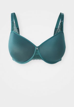 Tyrkis BH med glatte kopper og blonde detaljer på stroppene, med en sentral dekorativ aksent og justerbare stroppar for passform.