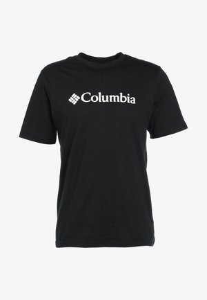 Czarny bawełniany t-shirt z krótkimi rękawami, okrągłym dekoltem i białym logo "Columbia" umieszczonym na środku z przodu.