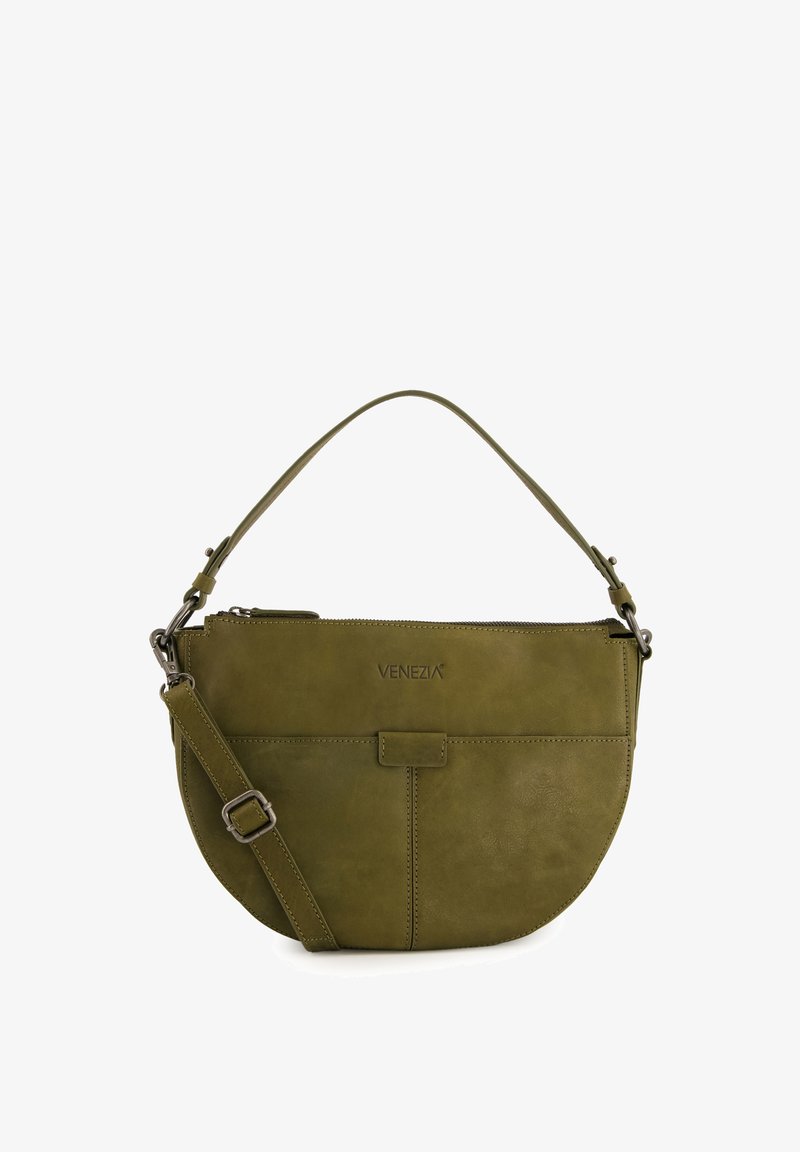 Olivgrüne Lederhandtasche mit runder Form, ausgestattet mit einem oberen Reißverschluss, einem verstellbaren Tragegurt und einem Vorderklappenakzent. "VENEZIA"-Logo vorhanden.