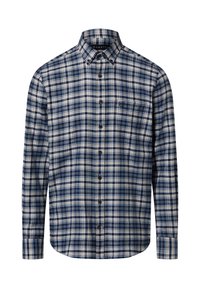 Camicia a quadri blu e bianca con colletto abbottonato, maniche lunghe, tasca frontale e bottoni neri. Tessuto morbido con finitura strutturata.