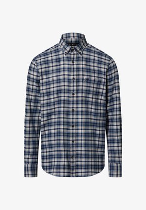 Camicia a quadri blu e bianca con colletto abbottonato, maniche lunghe, tasca frontale e bottoni neri. Tessuto morbido con finitura strutturata.